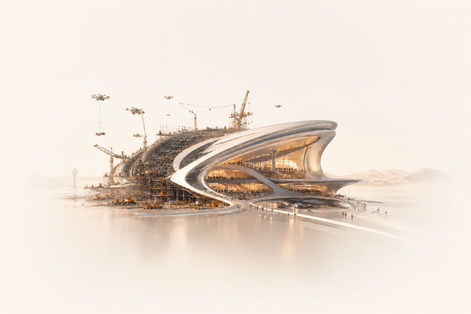 A luminous futuristic Concourse building taking shape around an active construction site