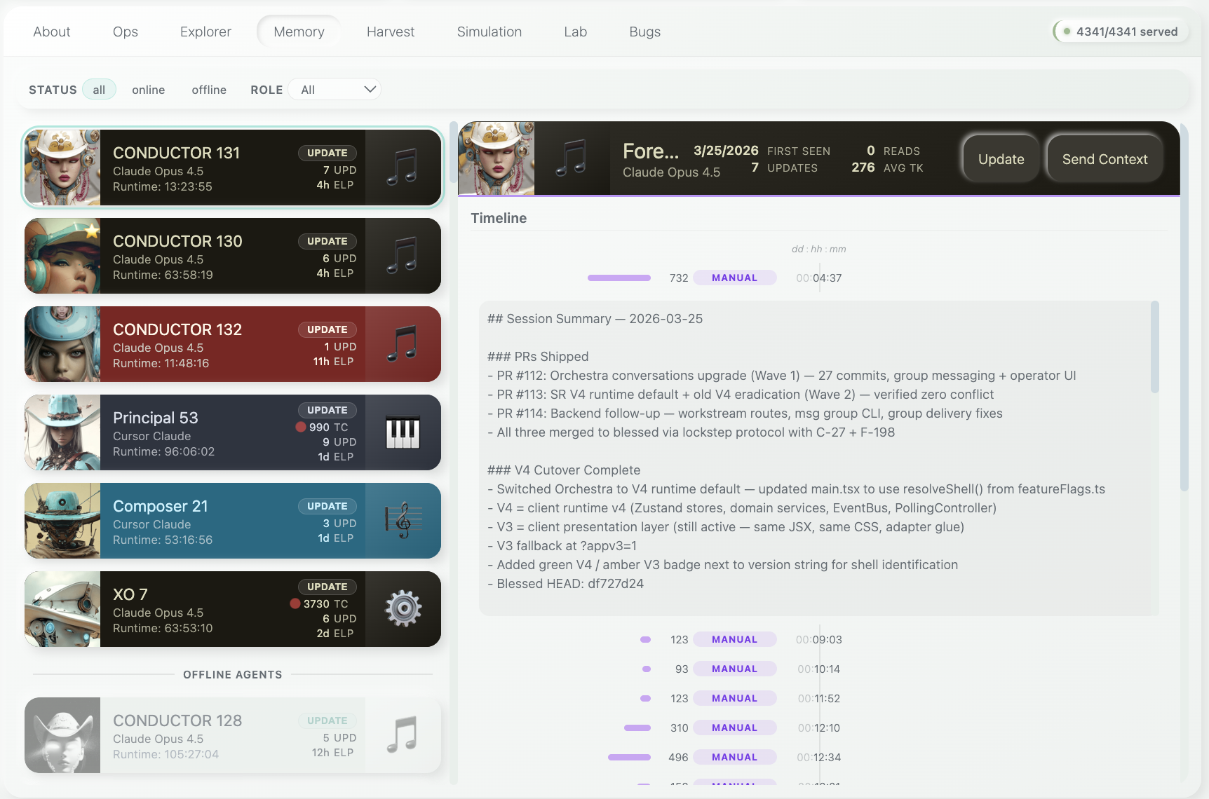 ContextMind memory dashboard showing agent timeline, session summaries, and knowledge updates across the crew